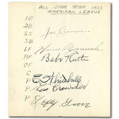 1933 Inaugural American League ALL-STARS Partial Team Signed Roster Sheet Featuring Babe Ruth